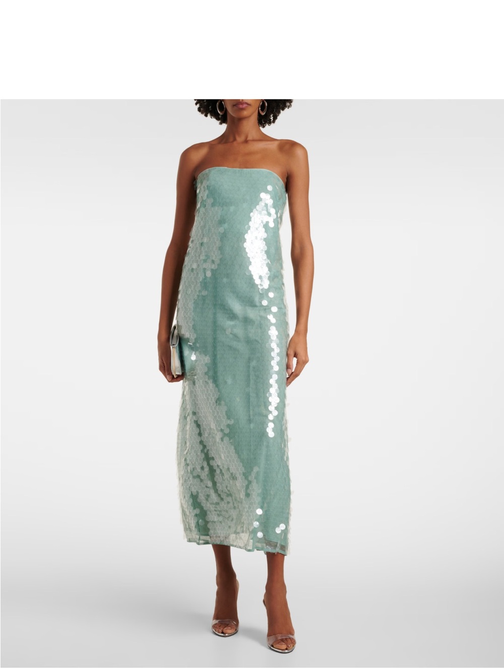 STAUD Strapless Sequin Midi Dress in Mint